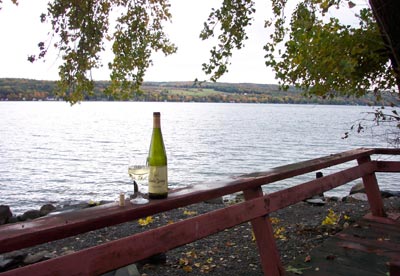 Enjoy a bottle of local wine on our lakeside deck